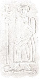 Symbole chrétien retrouvé en décor sur une céramique à Orléans : personnage (Christ ? évêque ?) écrasant un serpent (crédits : Mémoires de la Société des Antiquaires de France, 1846)