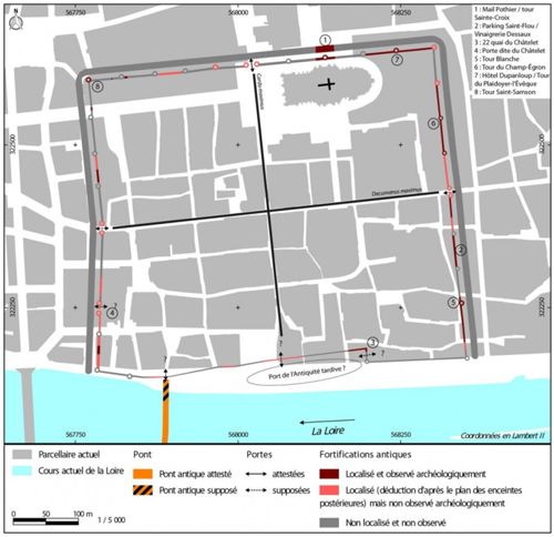 Plan général de l'enceinte tardo-antique d'Orléans (crédits : Pôle d'archéologie, 2013)