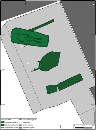 Plan d'ensemble des sépultures antérieures à l'église actuelle de La Chapelle-Saint-Mesmin (crédits : Pôle d'archéologie, 2013)