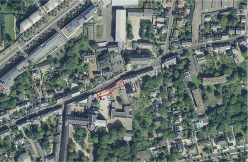 Vue aérienne du quartier Saint-Marc, avec localisation de l'emprise du diagnostic (crédits : Pôle d'archéologie/SIGOR, 2014)