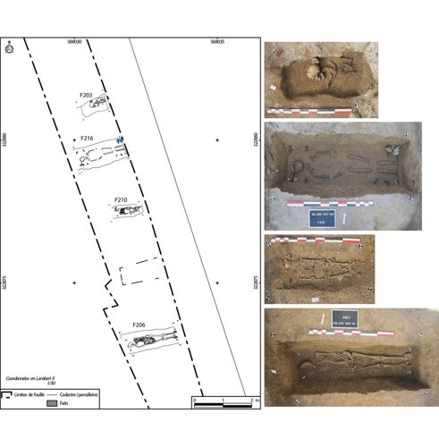 Sépultures du IVe siècle découvertes lors du diagnostic archéologique du n°20 rue Saint-Marc (crédits : Pôle d'archéologie, 2014)