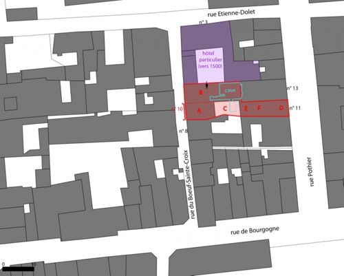 Plan des corps de bâtiments de la maison n° 10 rue du Boeuf-Sainte-Croix / 11 rue Pothier (crédits : Pôle d'archéologie, 2015)