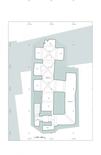 Plan d'une carrière du XIVe siècle à galeries et cellules latérales, Hôpital Porte-Madeleine à Orléans (crédits : Pôle d'archéologie, 2016)