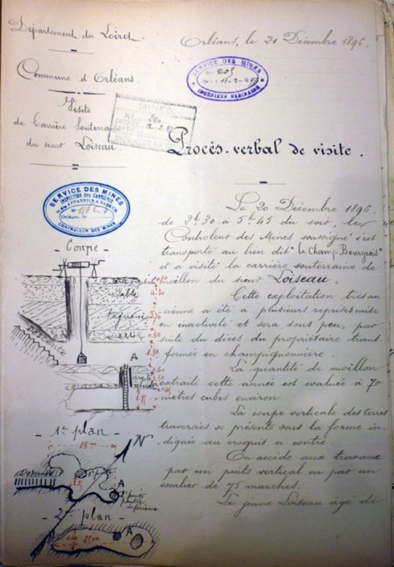 Procès verbal de visite de la carrière des Champs Bourgeois à Orléans en 1896 (AN F14-8223)