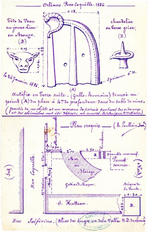 Découvertes rue Coquille à Orléans en 1886, relevés des maçonneries et du mobilier archéologique (SAHO, Fond Poullain, Fi_45_63_01)
