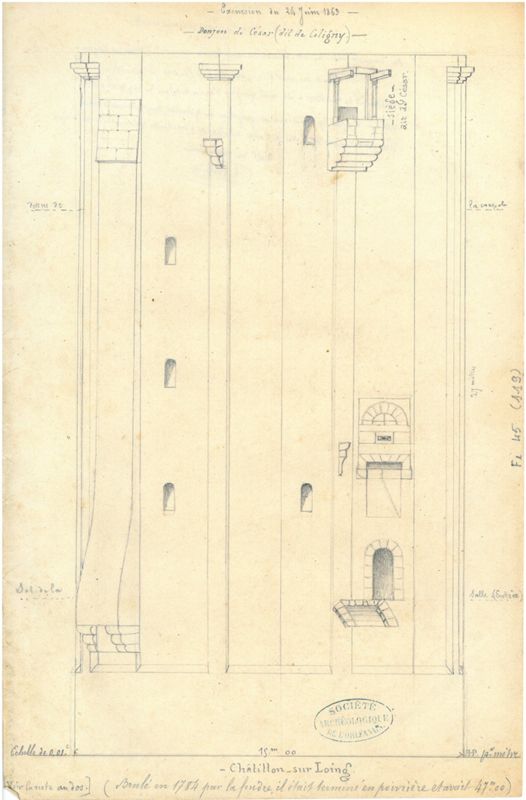 Relevé en élévation de la tour-maîtresse du château de Châtillon-Coligny (Loiret ; SAHO, Fond Poullain, Fi_45_119)